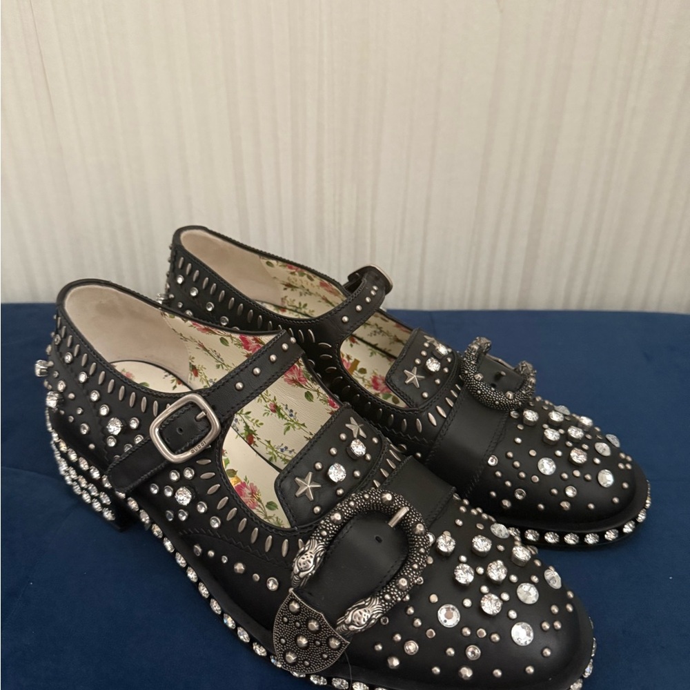 Gucci Dionysus Leather Crystal Floral Print Oxford Flats Shoes 39 1/2 $3800